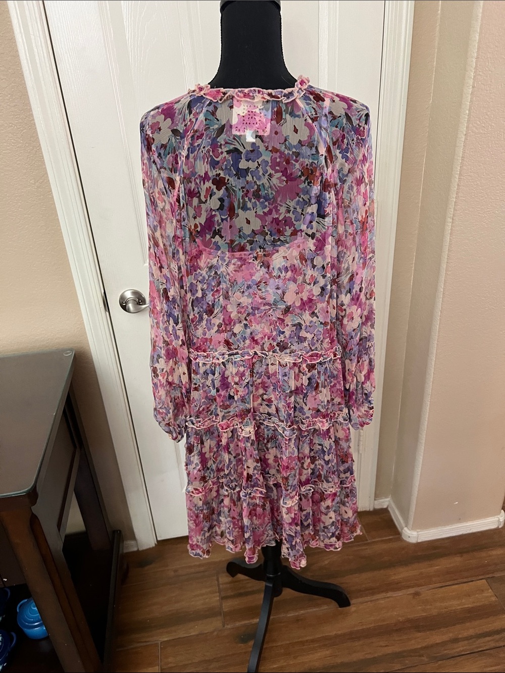 Johnny Was Pink and Purple Floral Ruffle Midi Dress - Picture 5 of 6